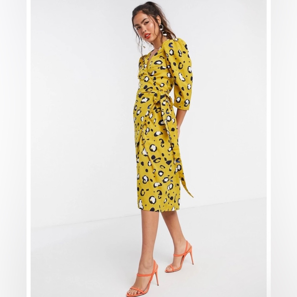 LIQUORISH LONDON Puff Sleeve Midi Wrap Dress in Leopard Print - Picture 1 of 5